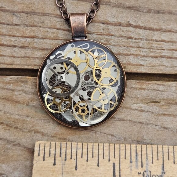 Steampunk Copper Pendant Necklace Made with Genuine Watch Parts & Gears on Chain - Picture 7 of 7